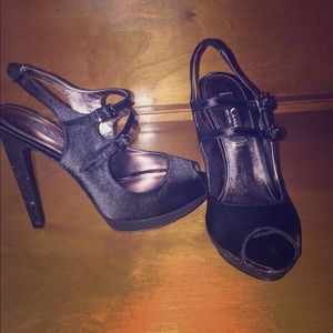 Black satin Nina open toe sling back heels